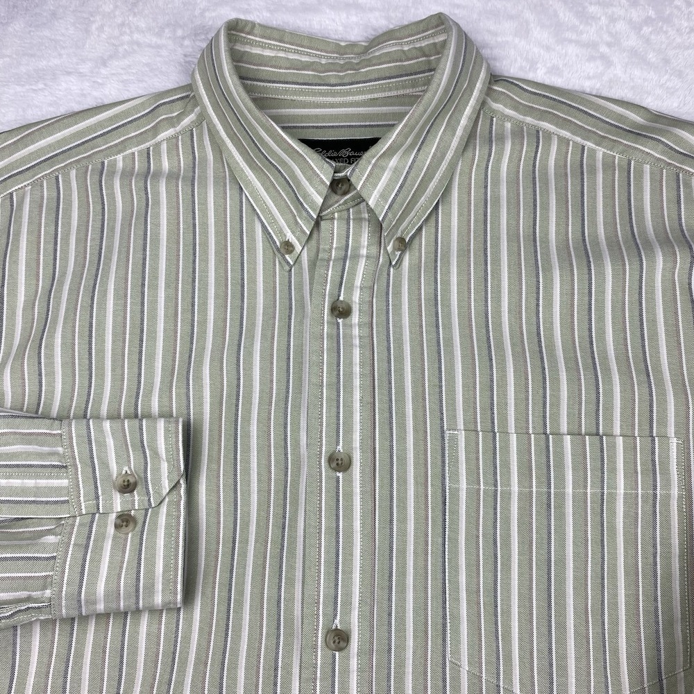 Eddie Bauer Shirt Men's Large Tall‎ Green/Blue/Tan Stripes Relaxed Fit Heavy